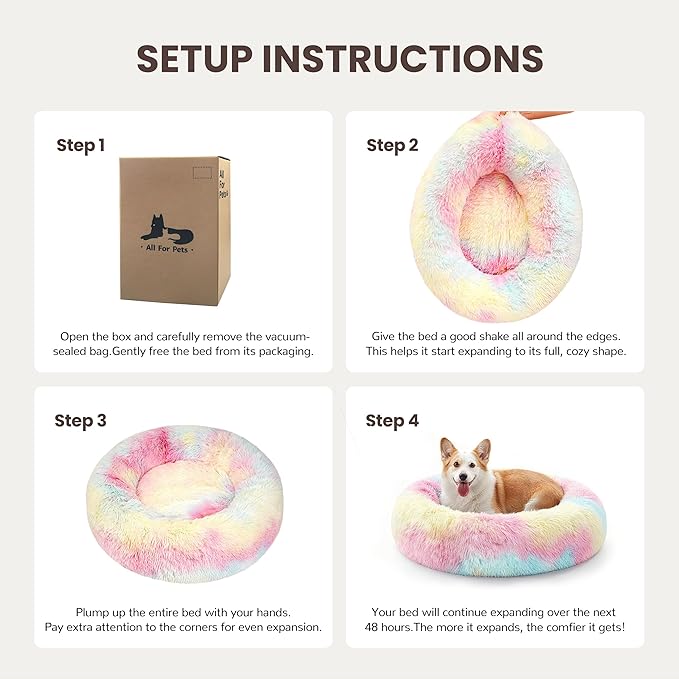 Donut Dog Bed Medium Size Dog, Round Cat Beds for Small Medium Dogs and Cats with Washable Fluffy Faux Fur, Cute Comfort Pet Bed with Anti-Slip Bottom, Rainbow, 30"