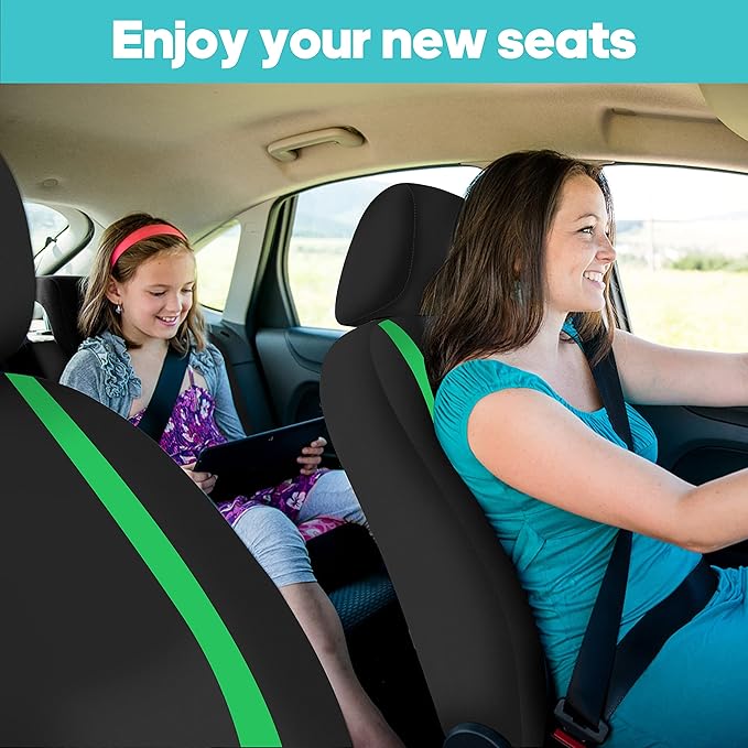 FH Group Car Seat Covers Full Set Cloth - Universal Fit Automotive Seat Covers, Low Back Front Seat Covers, Solid Back Seat Cover, Washable Car Seat Cover for SUV, Sedan and Van Green