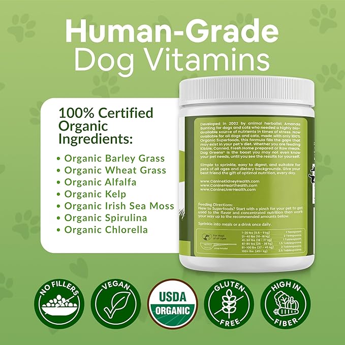 Organic Dog Multivitamin Supplement (12 oz) | Dog Greens Powder - Human Grade Superfoods, adds Essential Vitamins & Minerals to Balance a Homemade Diet, Kibble, Vegan or Raw Food (2 Pack)