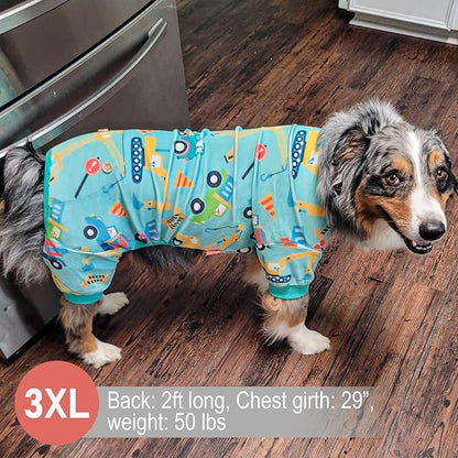 KYEESE Dog Pajamas Velvet Dog Pajamas Large Sized Dogs Soft Dogs Clothes Pjs with Construction Vehicles Pattern Stretchy Pet Jammies Coat Comfy Pet Onesie Costume, 3X-Large