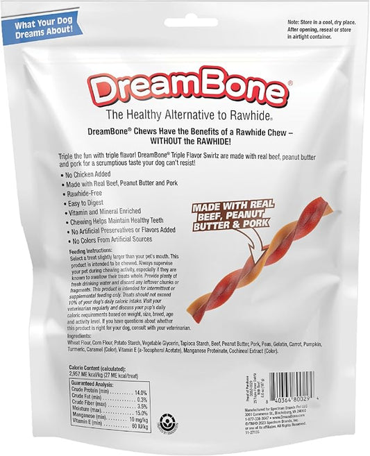 DreamBone Triple Flavor Swirlz No Chicken Added for Dogs, 25 Count, Treat Your Dog to Easy-to-Digest Rawhide-Free Chews Made with Real Beef, Peanut Butter and Pork