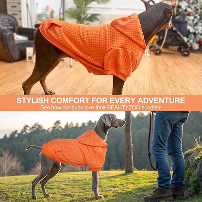 BEAUTYZOO Small Dog Hoodie Sweater with Pockets, Dog Clothes for Small Medium Dogs Boy Girl, Waffle-Like Laminated Cotton Pet Coats with Hat and Leash Hole, Orange XS
