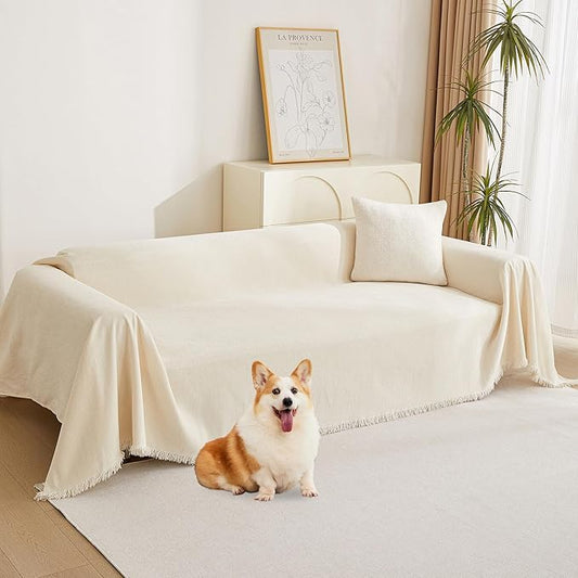MYSKY HOME Couch Cover for Pets, Beige Couch Covers for 2 Cushion Couch Sofa, Sofa Slipcover Sectional L Shape Chenille Covers for Pets, Throw Couch for Dogs, Kids,71" X118"