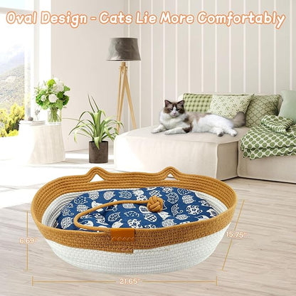 Pet Beds for Cats, Cat Beds for Indoor Cats 19.69"×13.78"×6.30",Cotton Rope Oval Cat Bed for All Seasons (with Cooler Straw Mat and Cotton Mat Both), Suitable for Cats＆Dogs (Brown, Medium)
