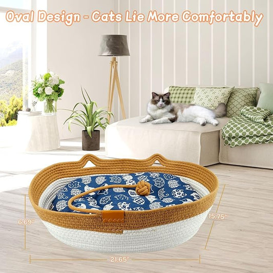 Pet Beds for Cats, Cat Beds for Indoor Cats 19.69"×13.78"×6.30",Cotton Rope Oval Cat Bed for All Seasons (with Cooler Straw Mat and Cotton Mat Both), Suitable for Cats＆Dogs (Brown, Medium)