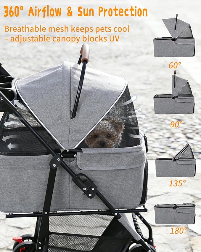Pet Stroller with Removable Carrier, 35lbs Capacity - One-Click Foldable Dog Stroller, Cat Carrier & All-Terrain Wheels, Compact Travel Pet Stroller for Small to Medium Pets-Gray