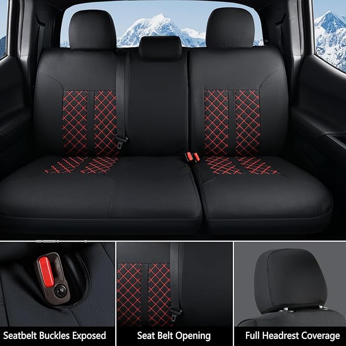 Truckiipa Tacoma Leather Car Seat Covers Full Set Truck Seat Covers Cushion Fit for 2016-2023 Toyota Tacoma Double Crew Cab, Full Set, Black&Red