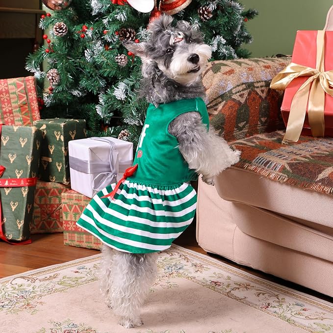 CuteBone Elf Dog Dresses Velvet Holiday Small Dogs Clothes Onesie Pet Apparel Girl Puppy Skirt with Bow Hair Rope CVA55M-D