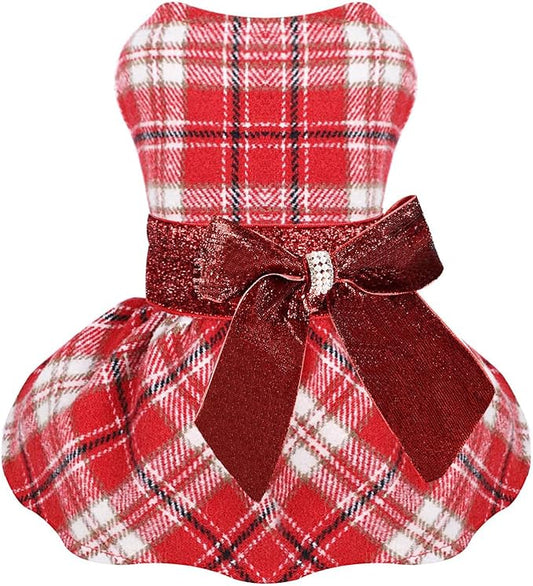 Yikeyo Dog Sweater Dress,Fleece Lining Plaid Dog Dress Sequins Bow-Knot Clothes Girl Pet Sweater Coats Cat Outfits Red,Small