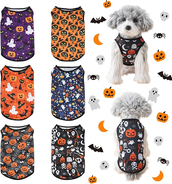 6 Pack Halloween Dog Clothes for Small Dogs, Soft and Breathable Puppy Kitten Dog Shirts for Pet Cats, Dogs' T-Shirts Apparel Sleeveless Vests for Yorkies (Happy Halloween, Small)