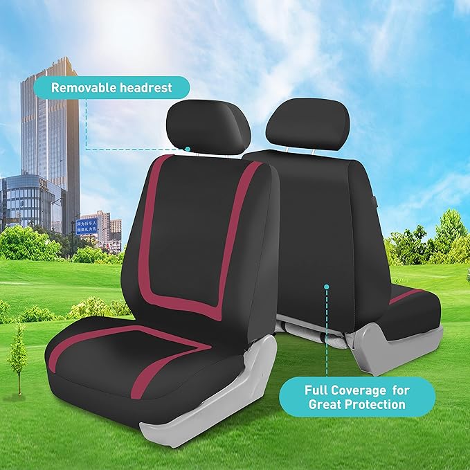 FH Group Car Seat Covers Front Set in Cloth - Car Seat Covers for Low Back Car Seats with Removable Headrest, Universal Fit, Automotive Seat Covers, Car Seat Cover for SUV, Sedan, Van Burgundy