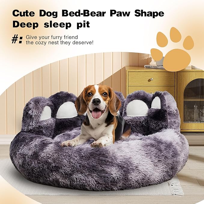 Cute Dog Bed, Fluffy Cozy Bear Paw Shape Plush Round Cat Bed for Small, Medium Dogs & Large Cats,Comfortable Sleeping Puppy Cushion, Ideal for Indoor Use（Black&Gray,26inch