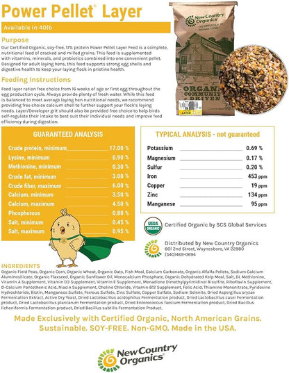 New Country Organics I Power Pellet Layer Feed 40 lbs I Layer Feed for Laying Hens I Soy-Free I 17% Protein I Certified Organic and Non-GMO I 40 lbs