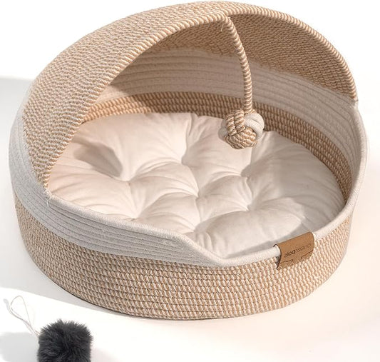 CHEERPALS Cat Basket Bed for Indoor Cats, Covered Pet Bed with Washable Cushion and Ball Rope Cotton Bed for Medium and Large Cat, All Season Universal(White)