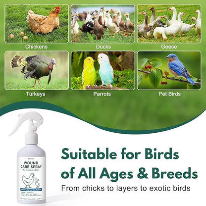 Wound Spray for Chickens and Birds, Poultry Care Spray for Pecking Sores, Bumblefoot, Vent Prolapse, Cuts, Burns & Skin Irritations, Safe for Egg-Laying Hens, Natural Herbal Formula, 8.45 Fl Oz