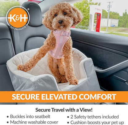 K&H Pet Products Bucket Booster Dog Car Seat, Seat Belt Secured, 2 Safety Leashes, Washable Covers, Sturdy Pet Booster Seats for Cats & Dogs - Small Gray/Cream