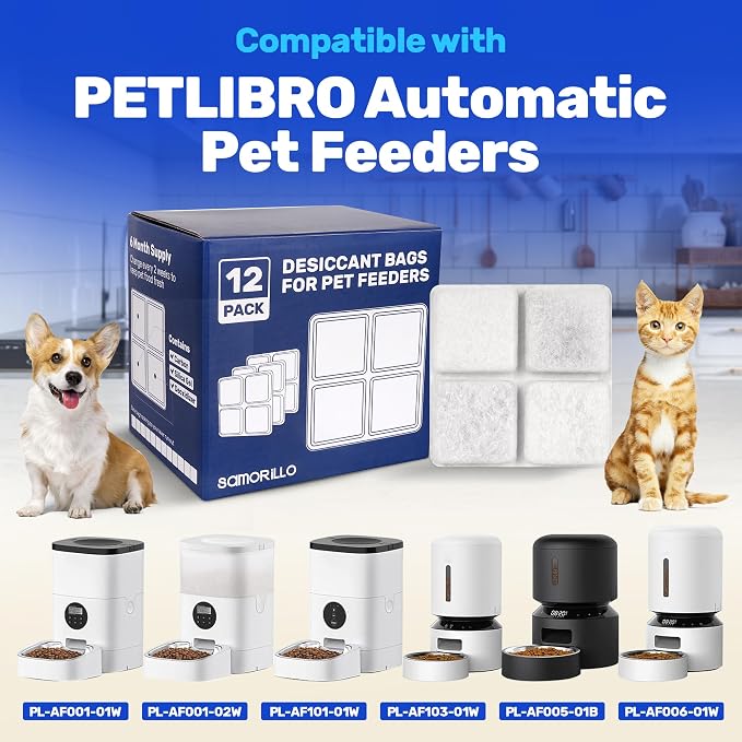 [12 Pack] Desiccant Bag for Petlibro Pet Feeder - Six-Month Supply Keeps Dog Food & Cat Food Dry + Fresh - Removes Moisture & Odors for Automatic Pet Feeders - Made from Silica, Carbon & Deoxidizer