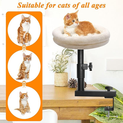 Cat Desk Bed 360° Rotating Cat Bed Desk, Solid Wood Perch, Removable Cushion, Adjustable Clamp for Office & Living Room