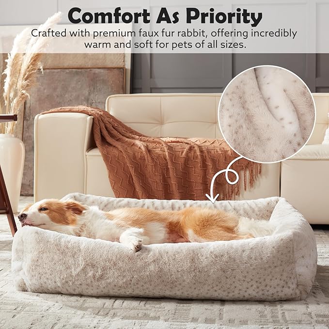 JOEJOY Small Dog Bed for Small Dogs, Removable Washable Cover Orthopedic Soft Faux Rabbit Fur Pet Bed, Anti-Slip Fluffy Plush Puppy Bed, 20"x19"x6", Leopard Print, Beige
