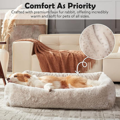JOEJOY XL Dog Beds Large Sized Dog, Removable Washable Cover Orthopedic Soft Faux Rabbit Fur Pet Bed, Anti-Slip Fluffy Plush Faux Rabbit Fur Puppy Bed, 42"x36"x9", Leopard Print, Beige