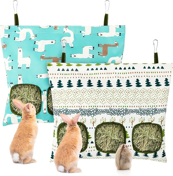 UPINS 2 Hay Bag for Rabbits 3-Hole Guinea Pig Hay Bags Hanging Hay Feeder, Hay Feeder for Rabbits Small Pets Chinchillas Hamstersand Animals