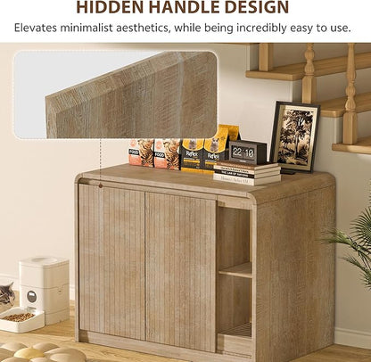 Cat Litter Box Enclosure for Automatic Litter Box, Litter Box Enclosure with Litter Collector and Power Outlet, Large Cat House with Adjustable Shelf for Dog Proof, Side Table, Natural