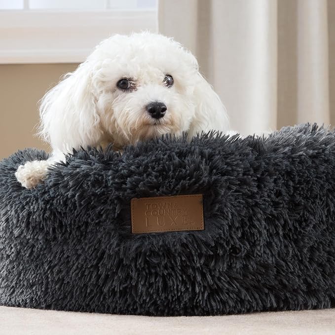 Town & Country Luxe CuddleTown Fuzzy Solid Donut Pet Bed, Soft, Cozy & Calming, Non-Slip Bottom, 100% Machine Washable, Dark Grey, Small 24"x24"x7" Round