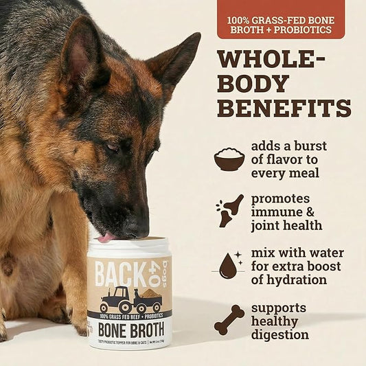 Back 40 Dogs Grass-Fed Beef Bone Broth Powder for Dogs with Probiotics, Chondroitin & Glucosamine – Supports Gut Health, Joint & Immune System – Human Grade Dog Food Toppers for Picky Eaters, 6.4oz