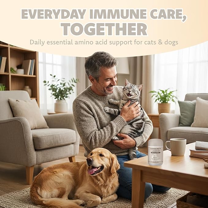 LOVITA Pets L-Lysine Powder for Cats & Dogs, Immune Support Pet Supplement with AjiPure L-Lysine and Vitamin C, Salmon Flavor for Daily Use, Includes Scoop