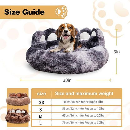 Cute Dog Bed, Fluffy Cozy Bear Paw Shape Plush Round Cat Bed for Small, Medium Dogs & Large Cats,Comfortable Sleeping Puppy Cushion, Ideal for Indoor Use（Black&Gray,26inch