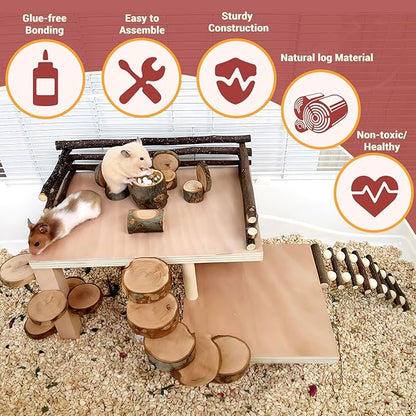 VolksRose Wooden Hamster Playground Platform, Hamster Climbing Toy, Natural Living Climb System, Small Animals Activity Set with Ladder Food Bowl Ramp Bridge for Mouse Gerbil Rat Chinchilla