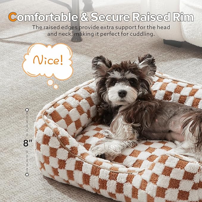 JOEJOY Dog Beds for Small Dogs -Cute Cat Beds for Indoor Cats Calming Pet Beds, Rectangle Orthopedic Cuddle Puppy Bed with Jacquard Shaggy Plush & Anti Slip Bottom, 20x19x6inches, Brown