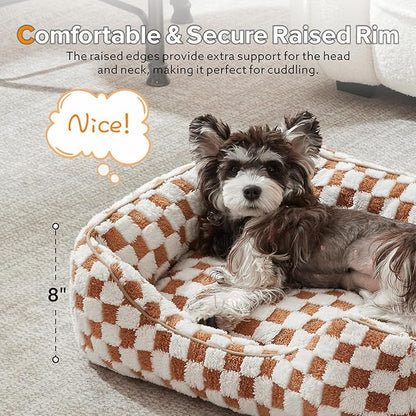 JOEJOY Dog Bed for Large Medium Small Dogs - Rectangle Orthopedic Dog Sofa Bed, Cute Modern Puppy Bed with Jacquard Shaggy Plush & Anti Slip Bottom, 35x25x10inches, Brown