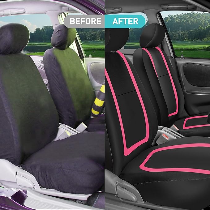 FH Group Car Seat Covers Front Set in Cloth - Car Seat Covers for Low Back Car Seats with Removable Headrest, Universal Fit,Automotive Seat Covers,Washable Car SeatCover for SUV,Sedan,Van Pink