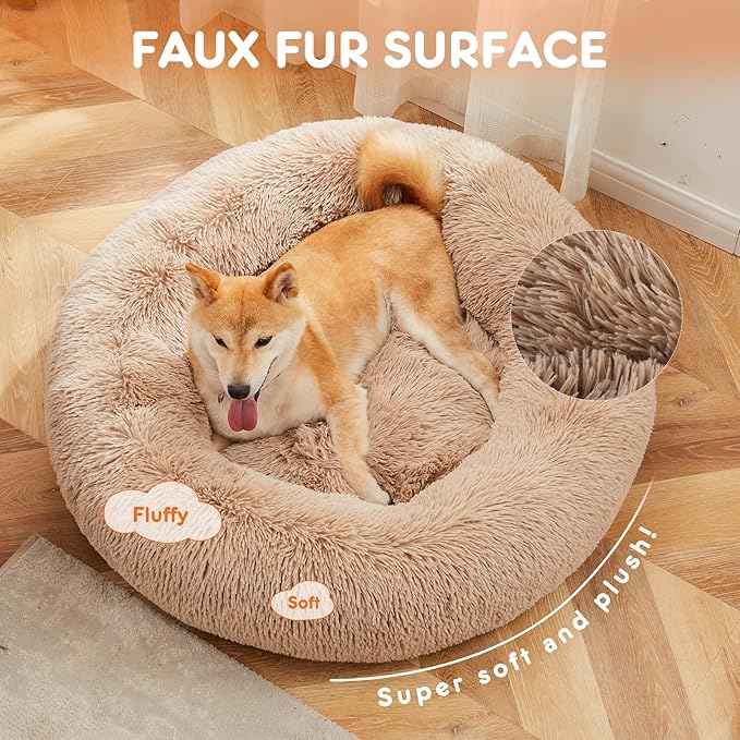 Sweetcrispy 30.7"x30.7" Donut Dog Bed, Large Round Calming Cat Bed with Washable Waterproof Cushion, Anti-Anxiety & Anti-Slip Fluffy Cuddle Cozy Faux Fur Plush for Pet Puppy Indoor Sleeping, Brown