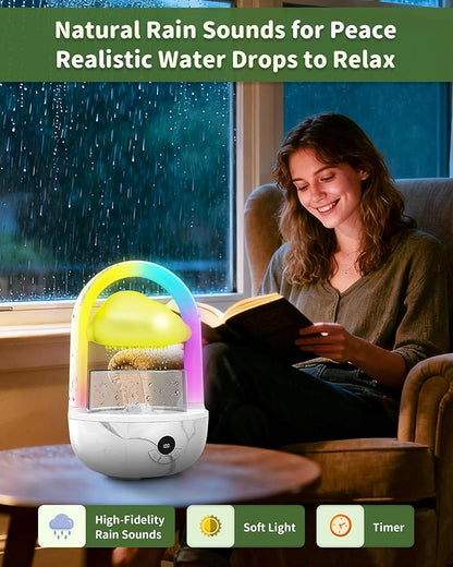 Relaxing Indoor Water Fountain with Gentle Rain Sounds, Weljoy Cloud Rainbow Rain Tabletop Fountain with Color Changing Lights, Wireless Design for Office Desk Meditation (White)