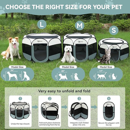 Siedihit Dog Playpen with Washable Pee Pad, Puppy Pet Cat Playpen Small Dogs Tent Crate Indoor/Outdoor, Portable Pop Up Kennel with Carrying Case for Cats/Rabbits(Grey,Small with pad)