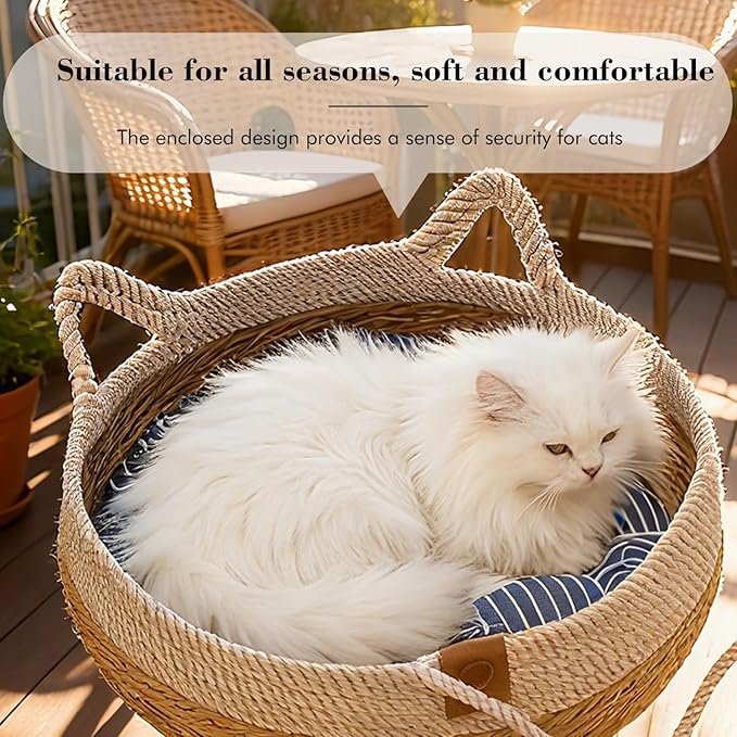 Natural Cat Bed Straw Nest Woven Pet House Handmade Braided Cute Cats Ears Cattail Leaf with Soft Cushion and Toy Ball 18 x 18 Inches