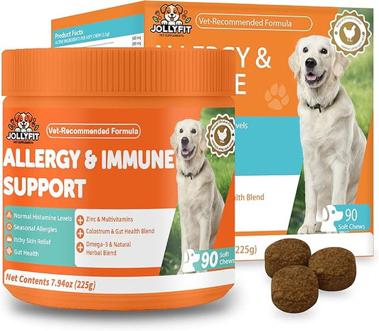 Dog Allergy Chews for Itchy Skin Relief - Seasonal Allergy and Immune Support with Colostrum, Omega 3, Probiotics, Turmeric, Zinc, Vitamins B & E - Helps with Paw Licking & Scratching - 90 Soft Chews