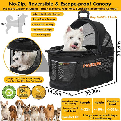 PAWZIDEA Pet Stroller 4 in 1, Foldable Cat Stroller with Detachable Carrier for Small Medium Dogs & Cats, Escape-Proof No-Zip Canopy, Lightweight Portable Travel Crate & Car Seat Combo, Storage Basket