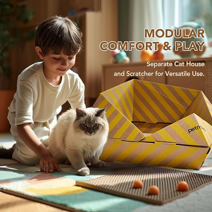 PETNOVO Foldable Cat Bed & House for Travel – Origami Cardboard Cat House with Built-in Honeycomb Scratcher Pad, No-Tools Assembly, FSC-Certified Recyclable, Yellow, 18.5" L x 18.5" W x 11.8" H
