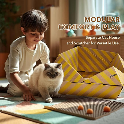 PETNOVO Foldable Cat Bed & House for Travel – Origami Cardboard Cat House with Built-in Honeycomb Scratcher Pad, No-Tools Assembly, FSC-Certified Recyclable, Yellow, 18.5" L x 18.5" W x 11.8" H