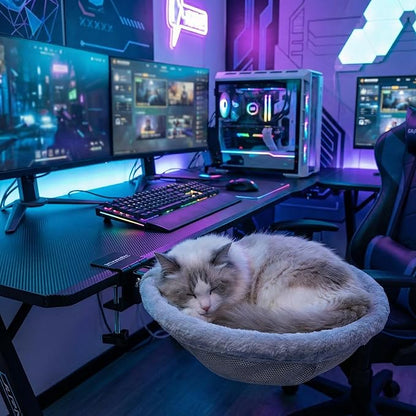 Cozy Cat Desk Bed for Home Office, Sunken Hanging Cat Hammock with 2 Replaceable Pads, Breathable Summer Cushion and Warm Winter Plush, Space Saving Foldable Desk Cat Bed Supports up to 40lb for Cats