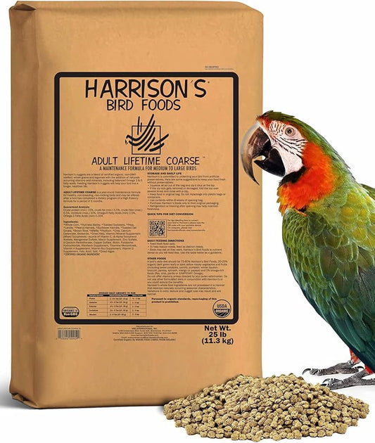 Harrison's Bird Foods Adult Lifetime Coarse Certified Organic Non-GMO Daily Maintenance Formula for Medium to Large Birds, Parrots, Cockatoos, Macaws etc, Suitable for All Life Stages 11.3kg/ 25lb
