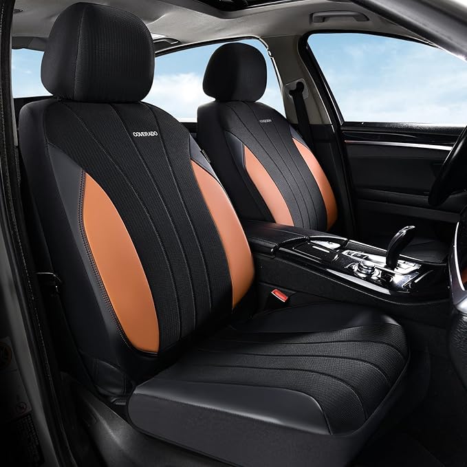 Coverado Seat Covers for Car 2 Seats, Leather Car Seat Covers Fullset, Breathable Mesh Front and Rear Protectors, Brown Luxury Automotive Covers, Universal Fit for SUV, Truck, Sedan