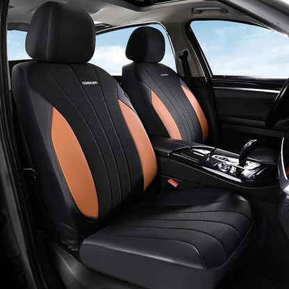 Coverado Seat Covers for Car 2 Seats, Leather Car Seat Covers Fullset, Breathable Mesh Front and Rear Protectors, Brown Luxury Automotive Covers, Universal Fit for SUV, Truck, Sedan