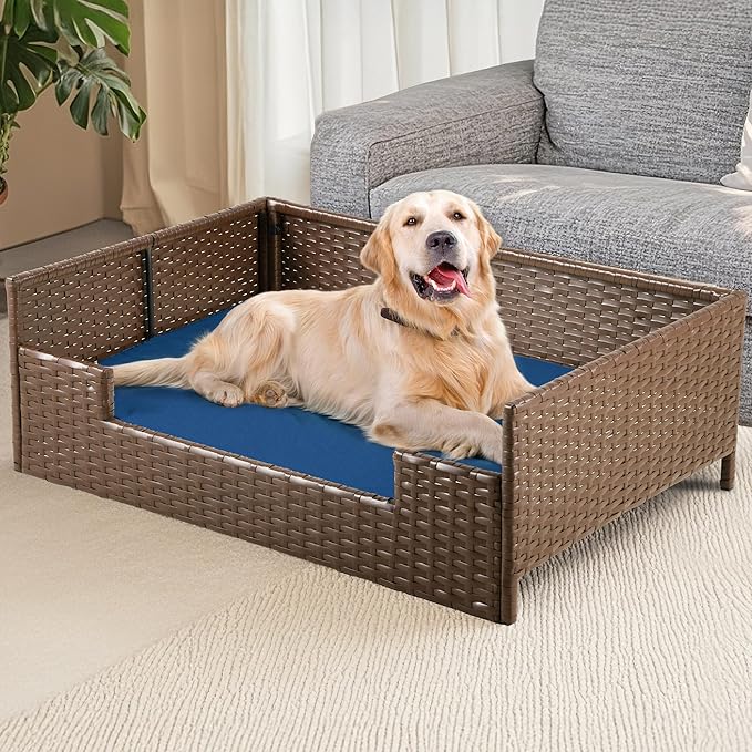 DWVO Rattan Dog House Outdoor Indoor with Cushion, Wicker Dog Sofa Bed for Small, Medium, and Large Dogs, 34.6''L*23.6''W*11.8''H, Blue