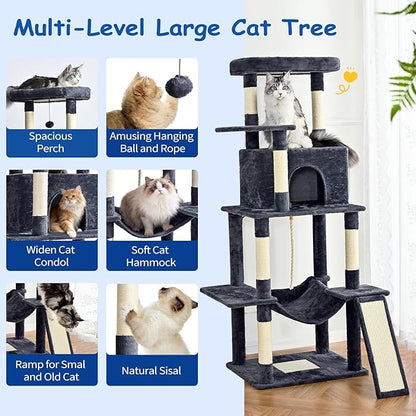 Cat Craft Cat Tree 63 Inch Cat Tower for Indoor Cats, Multi-Level Cat Tree for Large Cats 20 lbs+ Heavy Duty Cat Tower with Sisal Scratching Posts, Hammock, Condo and Extended Platform, Dark Grey