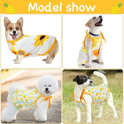 Frienda 4 Pieces Dog Clothes Set Include 2 Pcs Cute Pet Dress Lovely Dog Dress and 2 Pcs Breathable Pet T Shirt Puppy Clothes(Pineapple, Sunflower,X-Large)