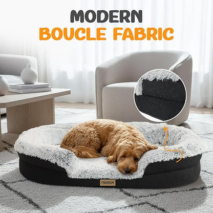Fluffy Orthopedic Dog Bed for Small & Medium Dogs and Cats, Calming Plush Sofa Bed with Curved Bolster Support and Egg-Crate Foam Base, 35" Cozy Oval Pet Donut Bed with Washable Cover, Gray